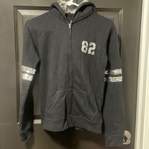 Black sequins zip up with fur hood